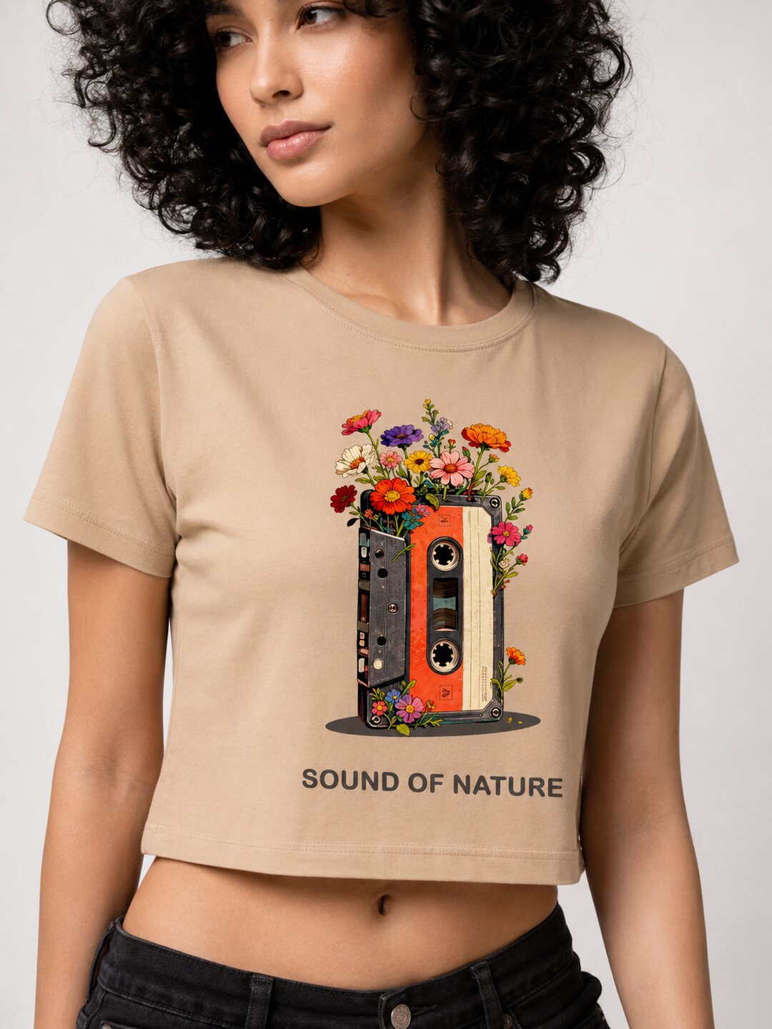 Casette Printed Round Neck Crop Pre-customized Tshirt for Women