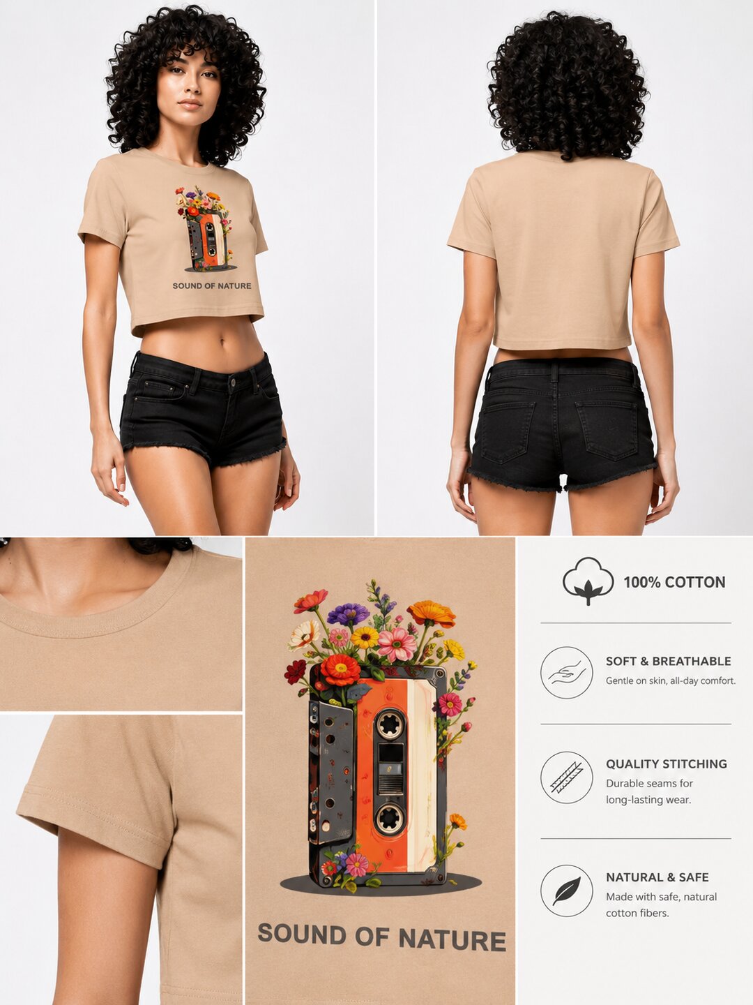 Casette Printed Round Neck Crop Pre-customized Tshirt for Women