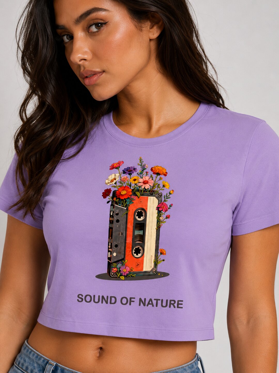 Casette Printed Round Neck Crop Pre-customized Tshirt for Women