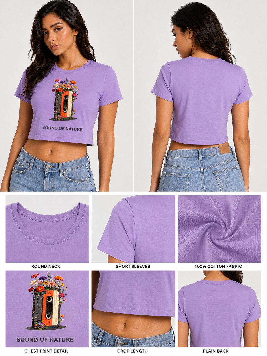 Casette Printed Round Neck Crop Pre-customized Tshirt for Women