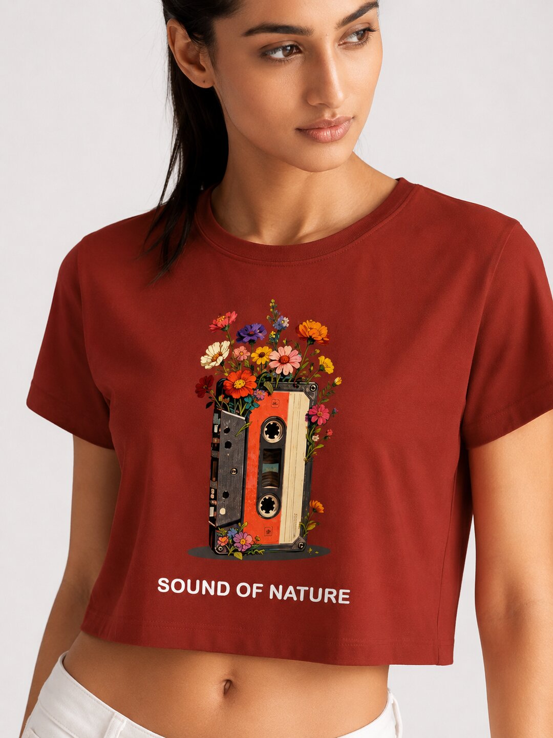 Casette Printed Round Neck Crop Pre-customized Tshirt for Women