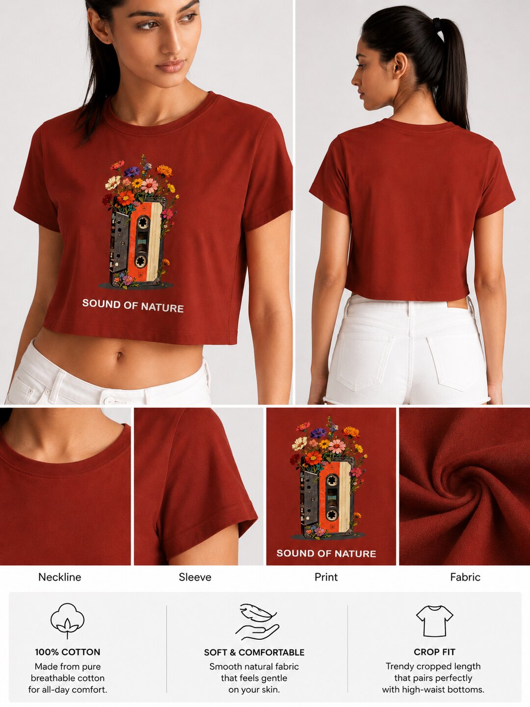 Casette Printed Round Neck Crop Pre-customized Tshirt for Women