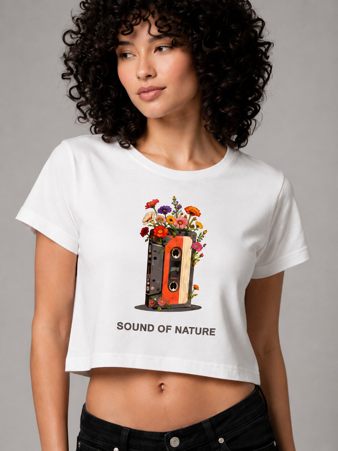 Casette Printed Round Neck Crop Pre-customized Tshirt for Women