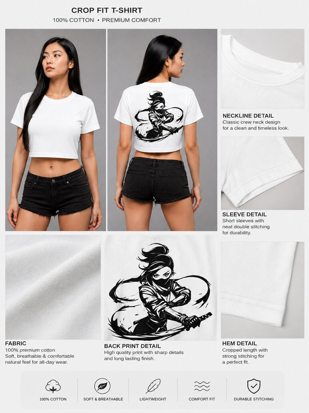 Fightergirl Printed Round Neck Crop Pre-customized Tshirt for Women