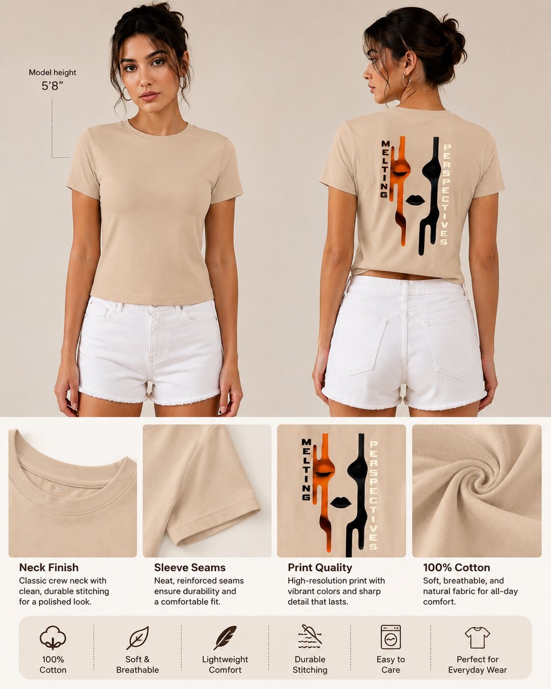 Cut Frame Printed Round Neck Crop Pre-customized Tshirt for Women