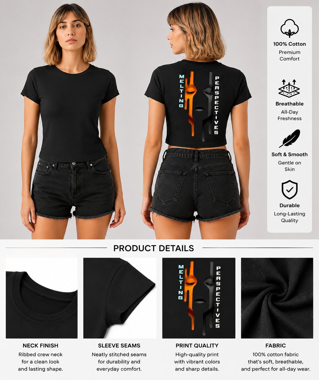 Cut Frame Printed Round Neck Crop Pre-customized Tshirt for Women
