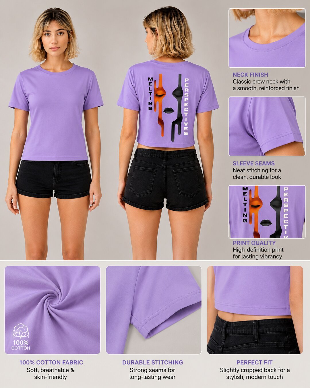 Cut Frame Printed Round Neck Crop Pre-customized Tshirt for Women