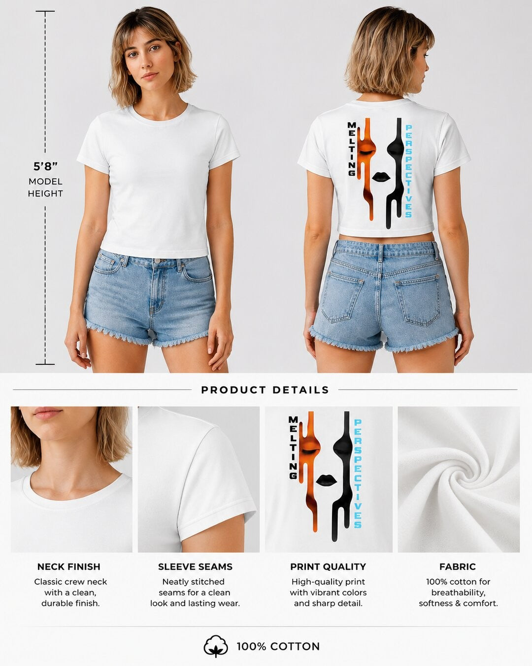 Cut Frame Printed Round Neck Crop Pre-customized Tshirt for Women