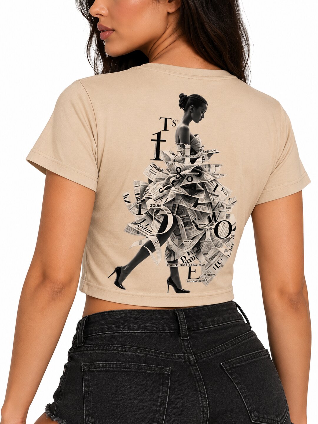 Newspaper Printed Round Neck Crop Pre-customized Tshirt for Women