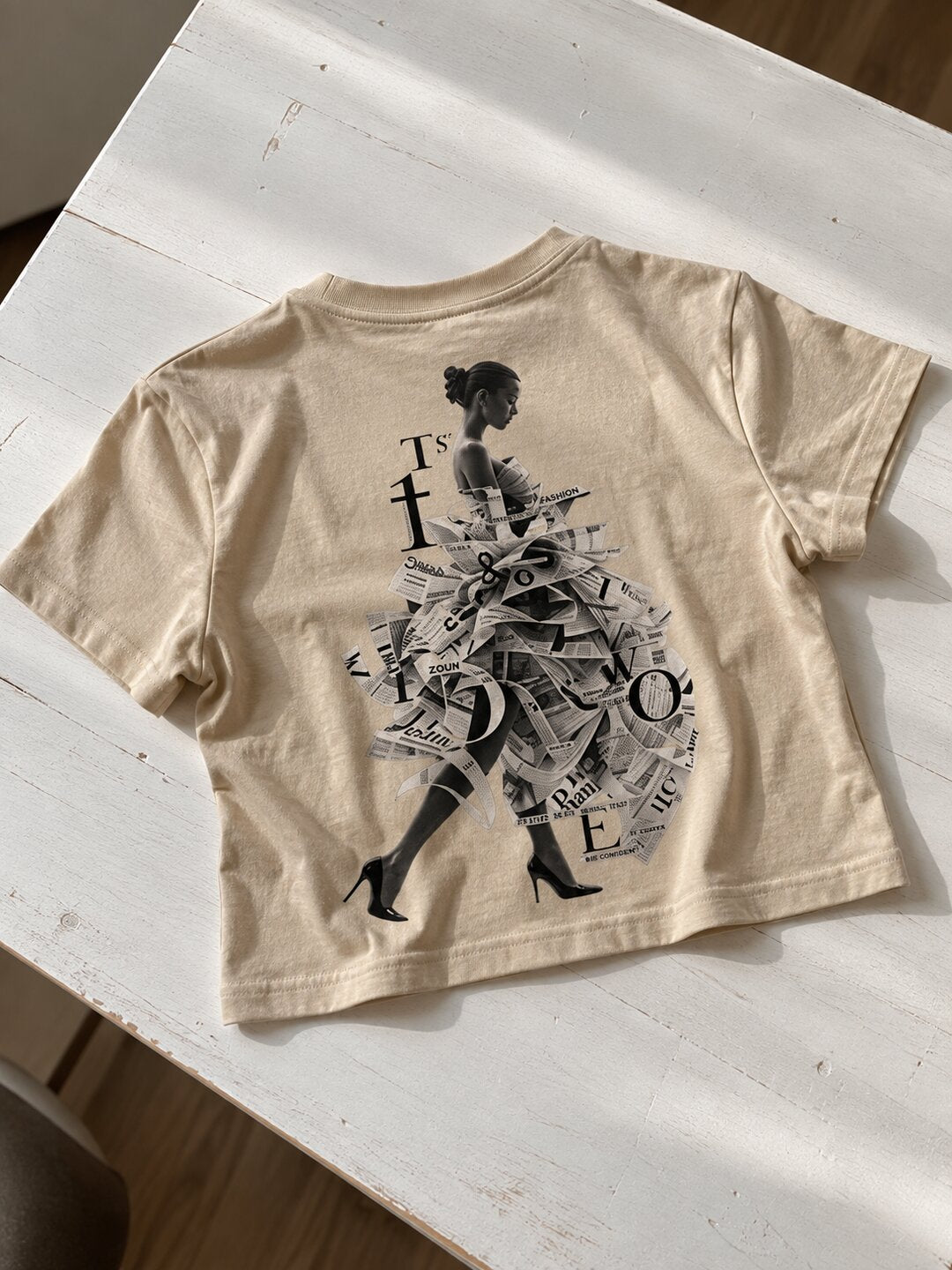 Newspaper Printed Round Neck Crop Pre-customized Tshirt for Women