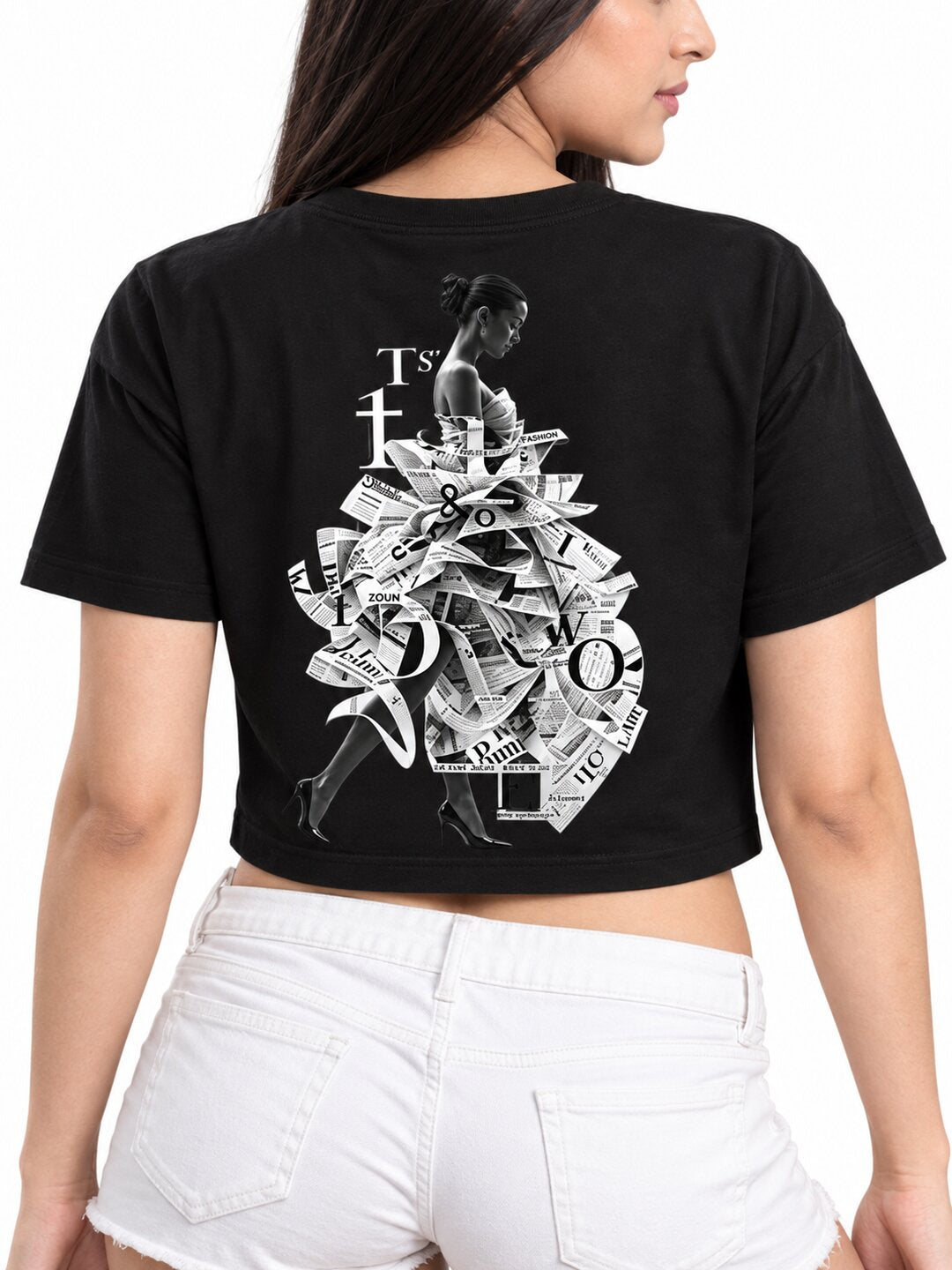 Newspaper Printed Round Neck Crop Pre-customized Tshirt for Women