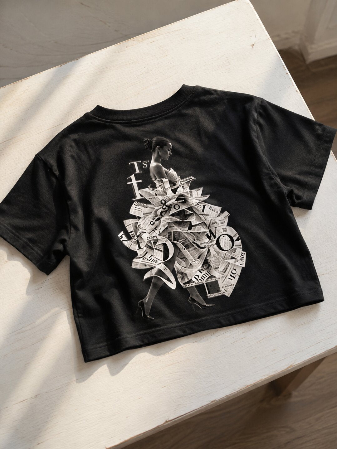 Newspaper Printed Round Neck Crop Pre-customized Tshirt for Women
