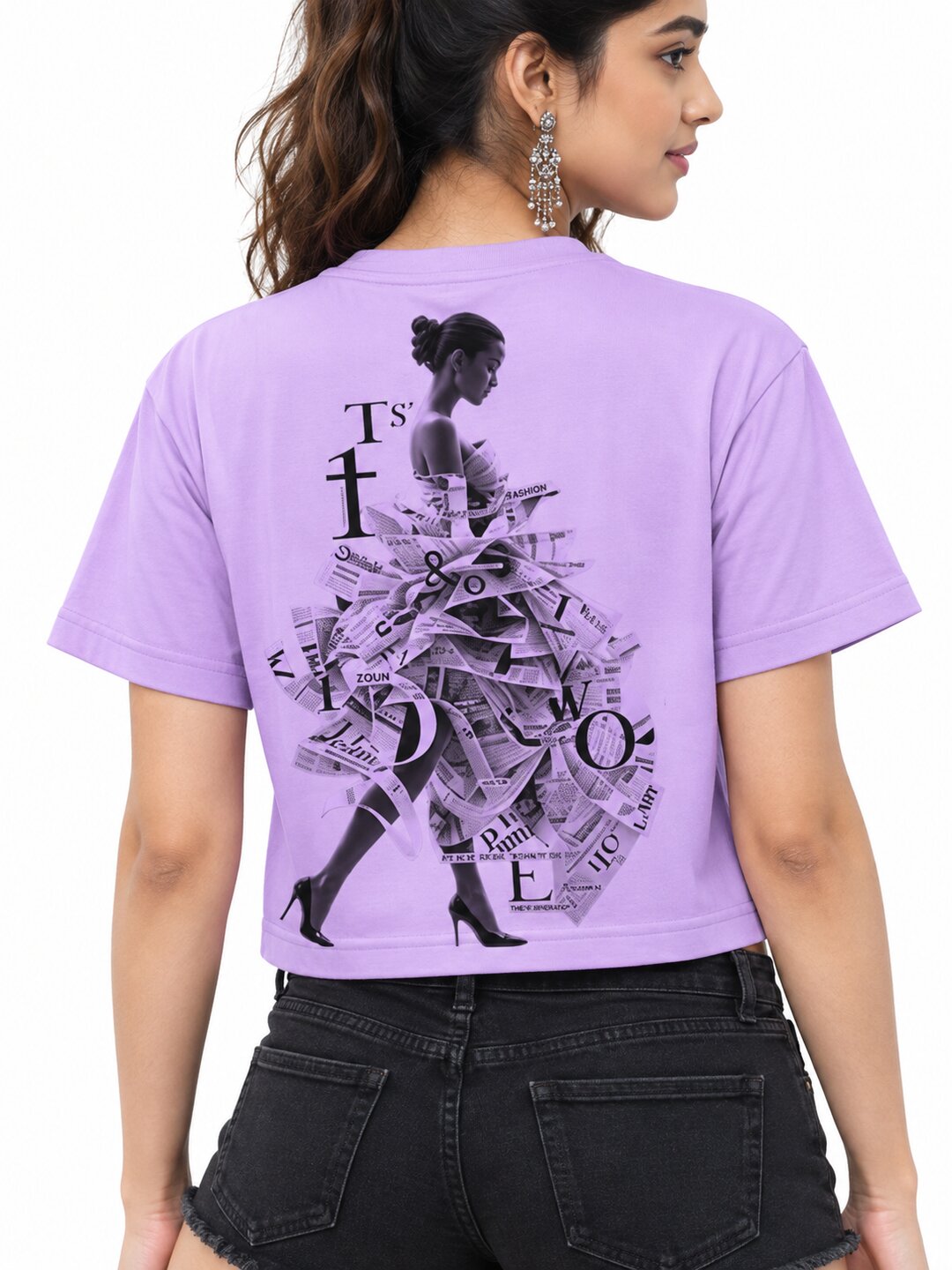 Newspaper Printed Round Neck Crop Pre-customized Tshirt for Women