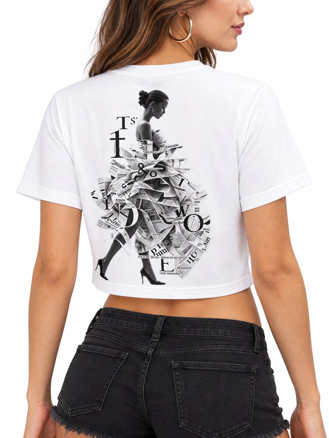 Newspaper Printed Round Neck Crop Pre-customized Tshirt for Women