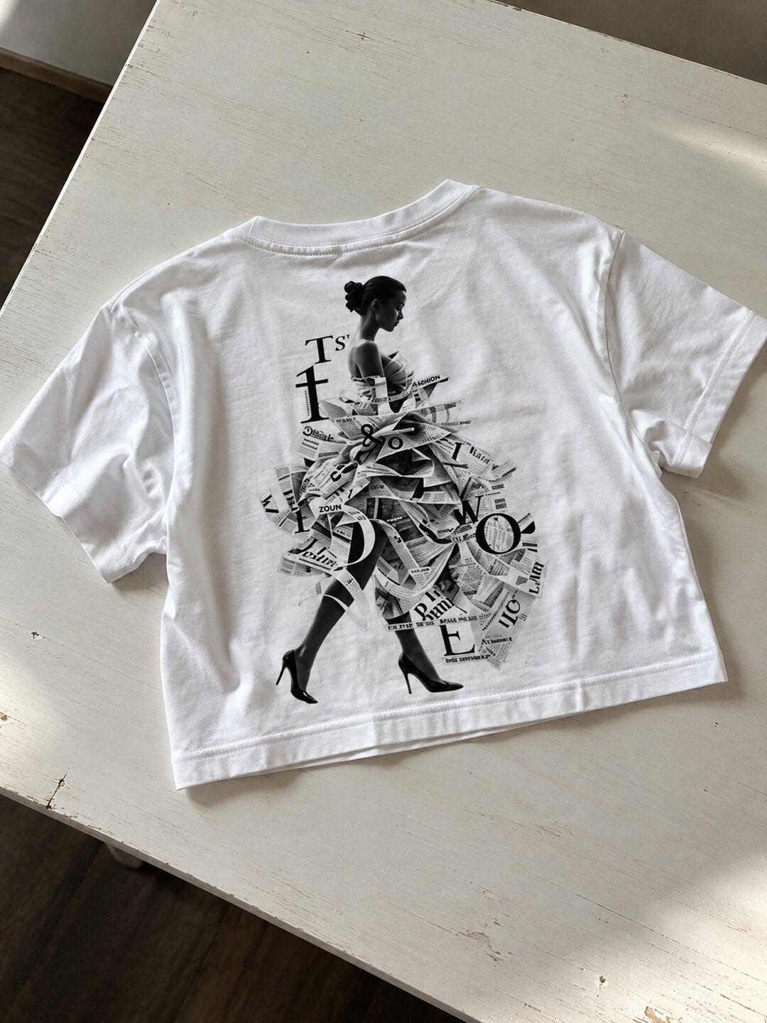 Newspaper Printed Round Neck Crop Pre-customized Tshirt for Women