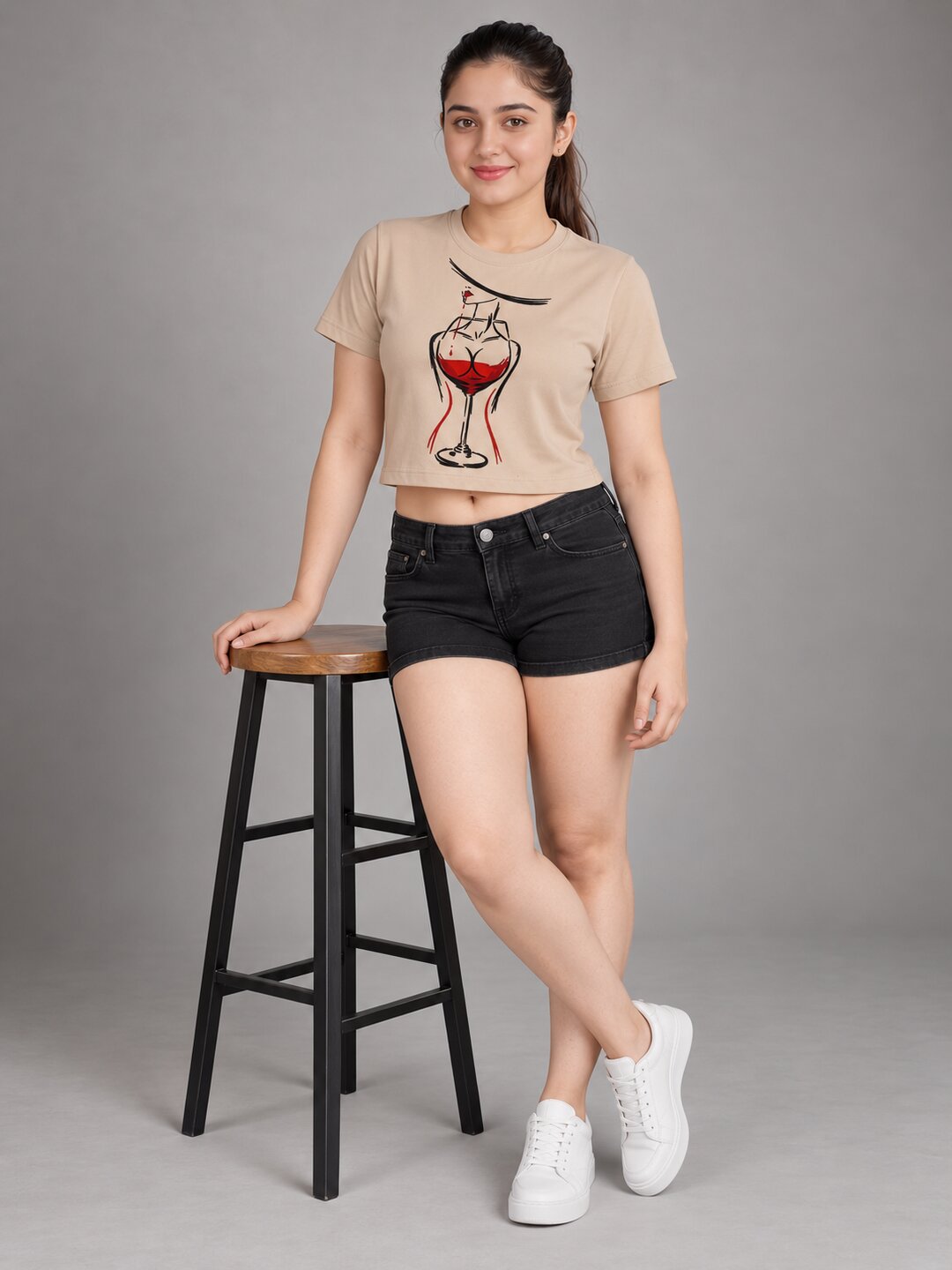 WineGlass Printed Round Neck Crop Pre-customized Tshirt for Women