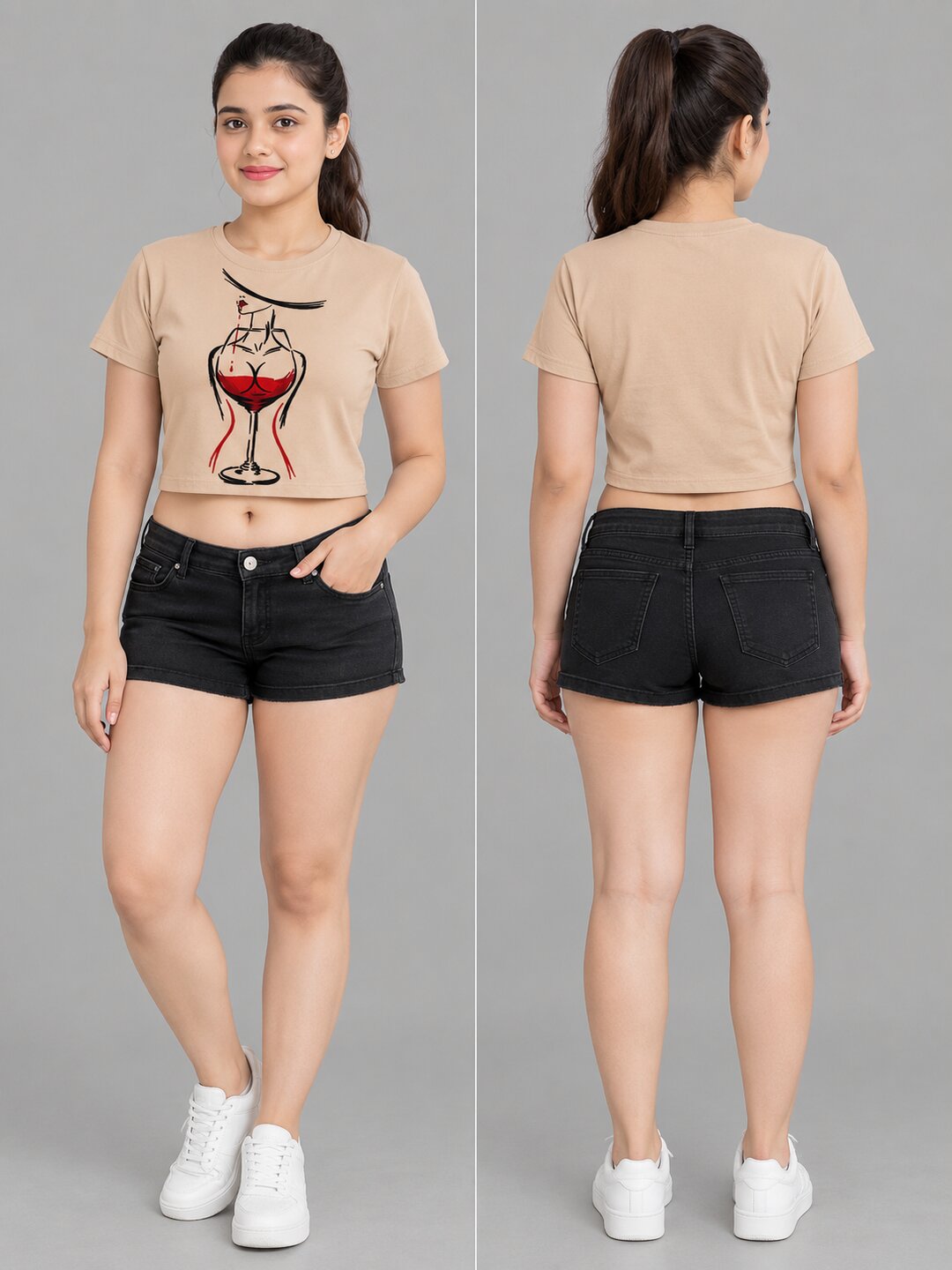 WineGlass Printed Round Neck Crop Pre-customized Tshirt for Women