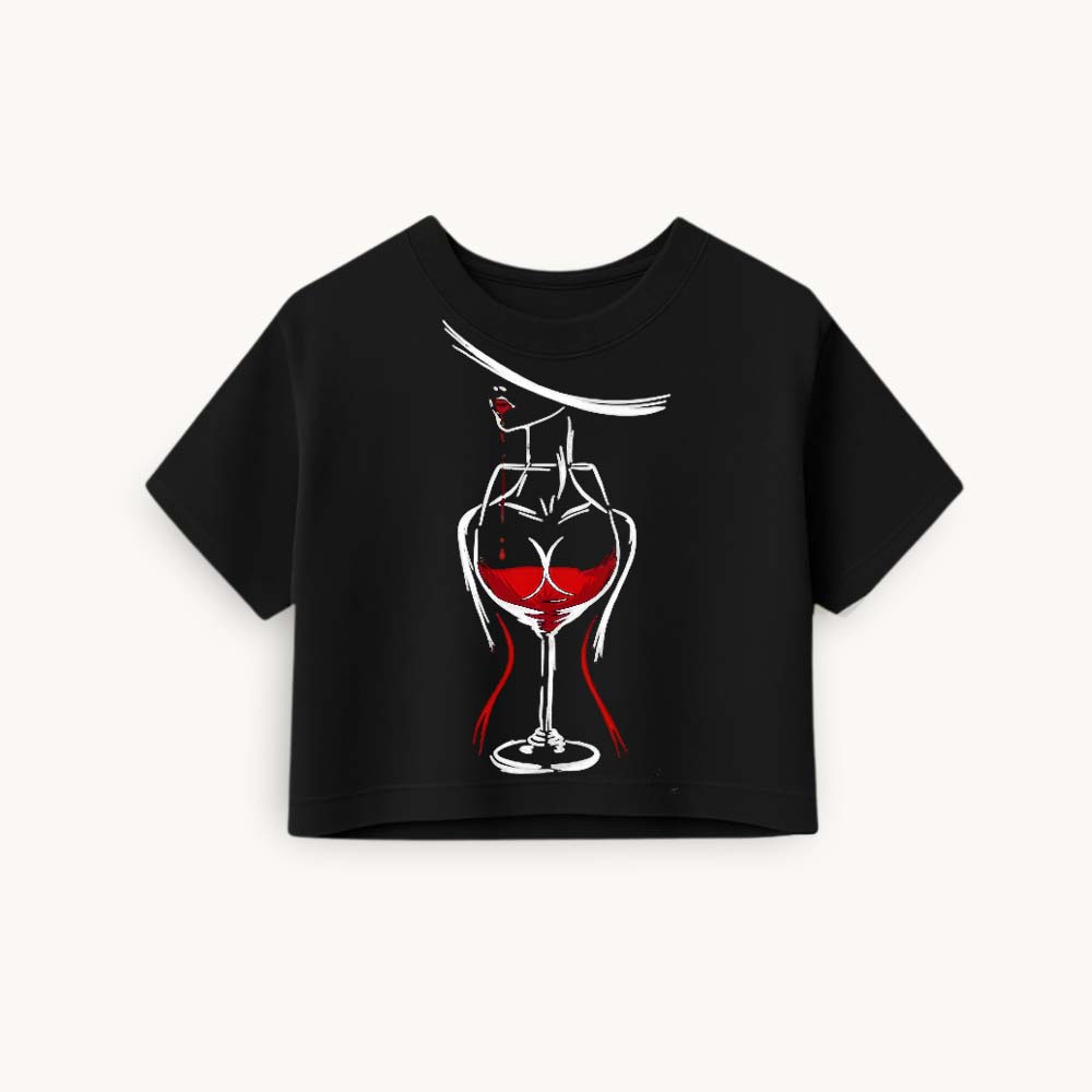 WineGlass Printed Round Neck Crop Pre-customized Tshirt for Women