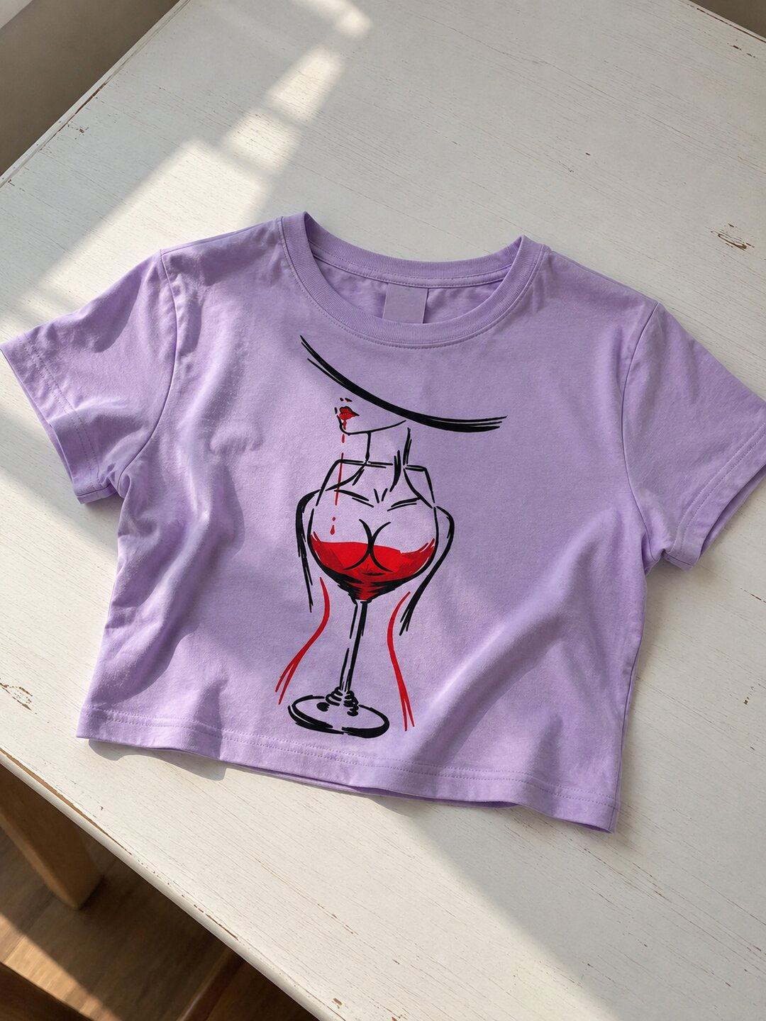 WineGlass Printed Round Neck Crop Pre-customized Tshirt for Women
