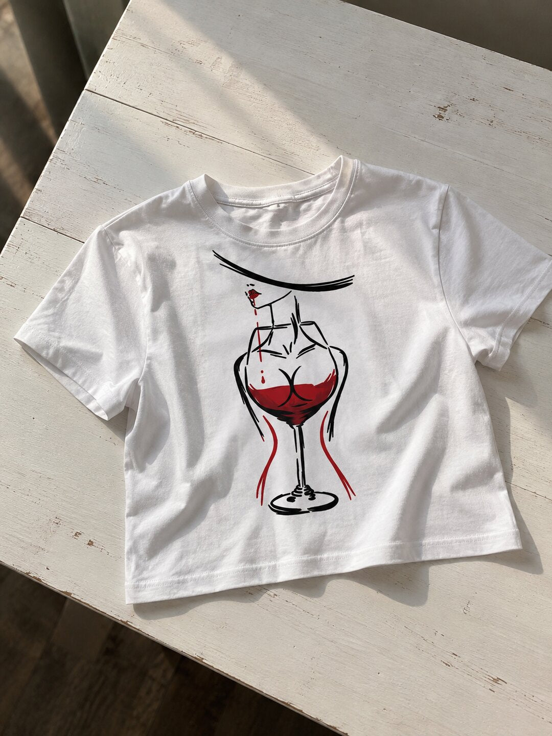 WineGlass Printed Round Neck Crop Pre-customized Tshirt for Women