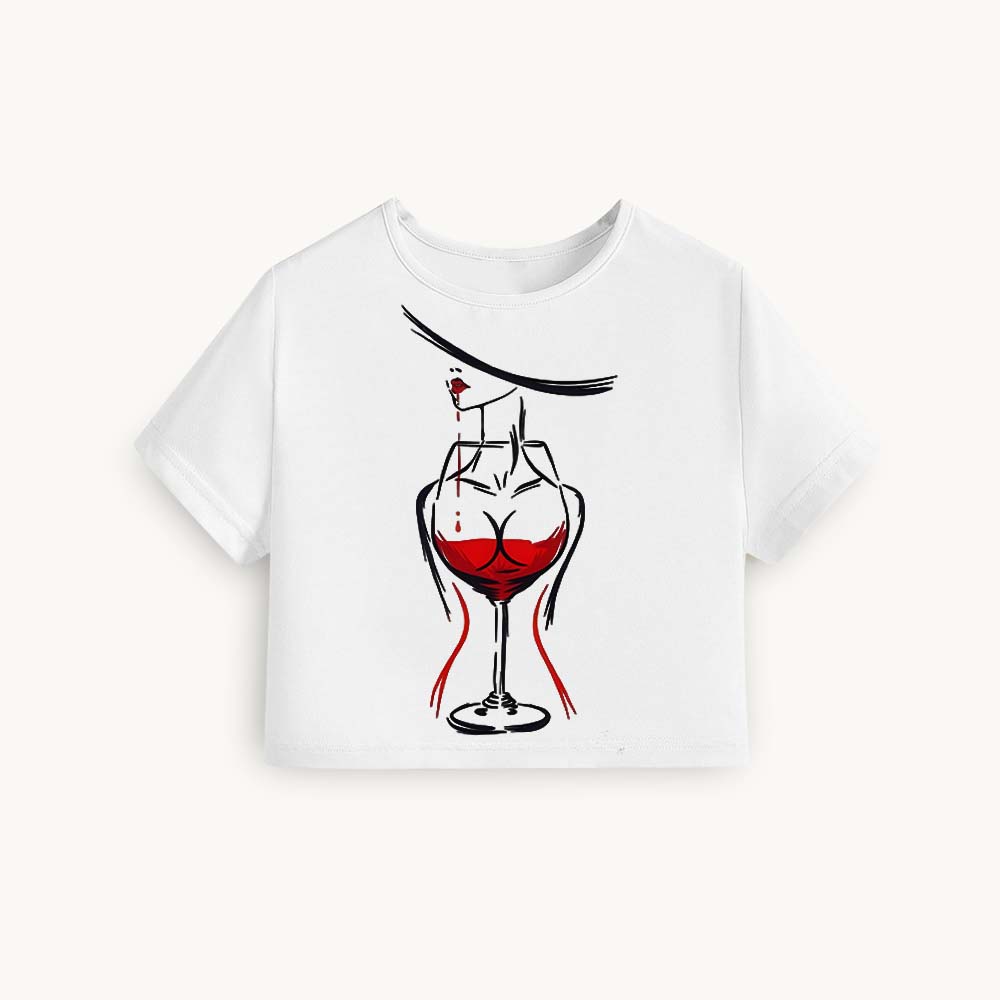 WineGlass Printed Round Neck Crop Pre-customized Tshirt for Women