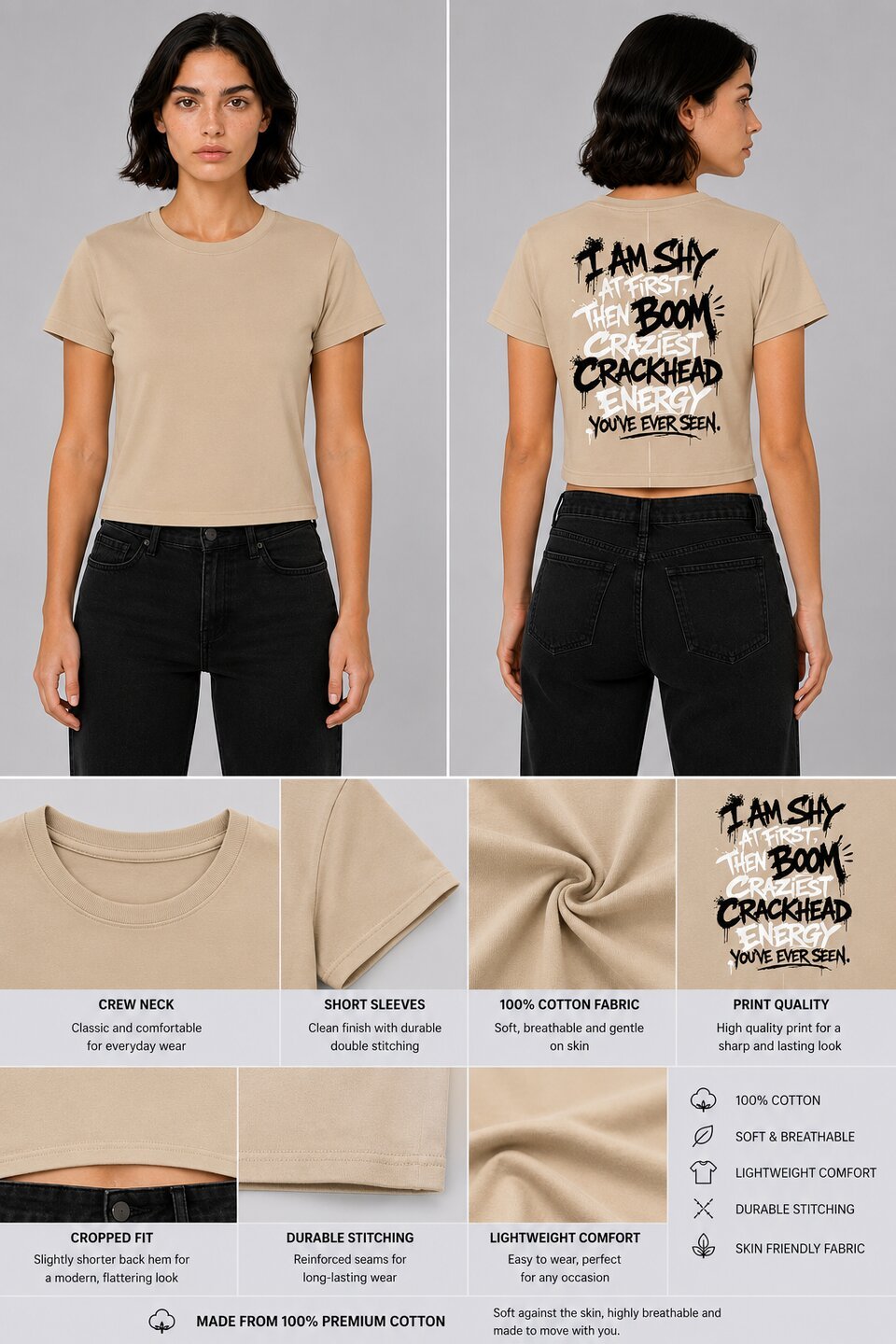 Shy & Bold Printed Round Neck Crop Pre-customized Tshirt for Women