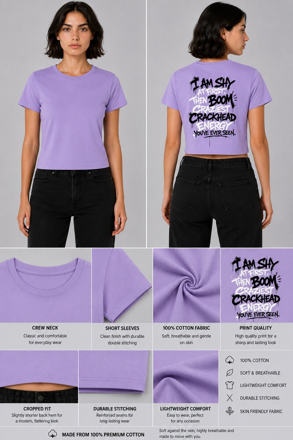 Shy & Bold Printed Round Neck Crop Pre-customized Tshirt for Women