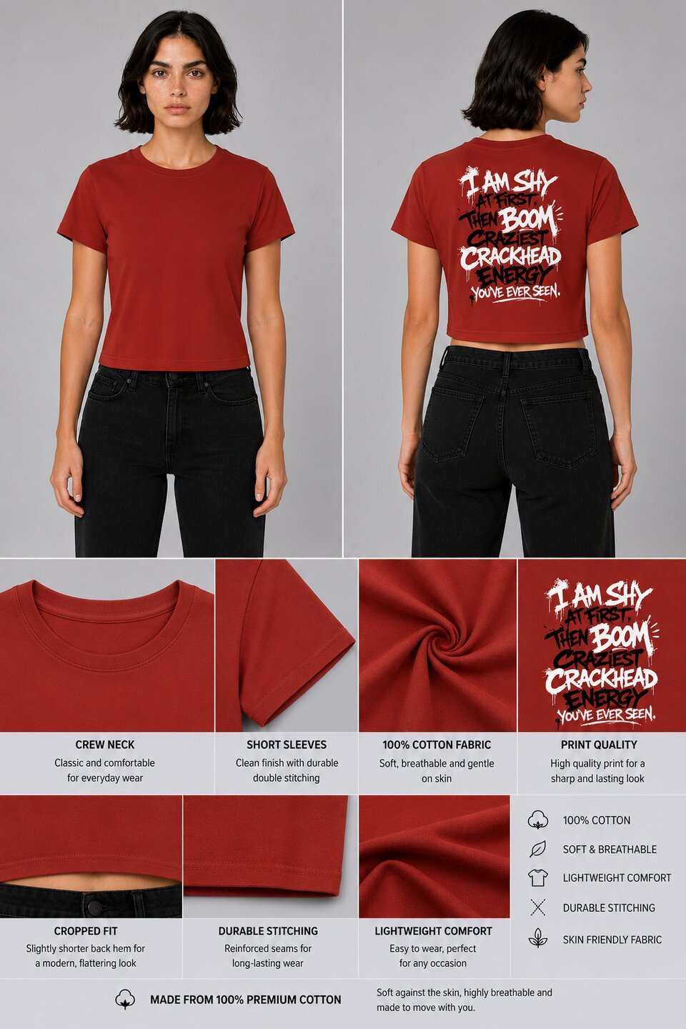 Shy & Bold Printed Round Neck Crop Pre-customized Tshirt for Women