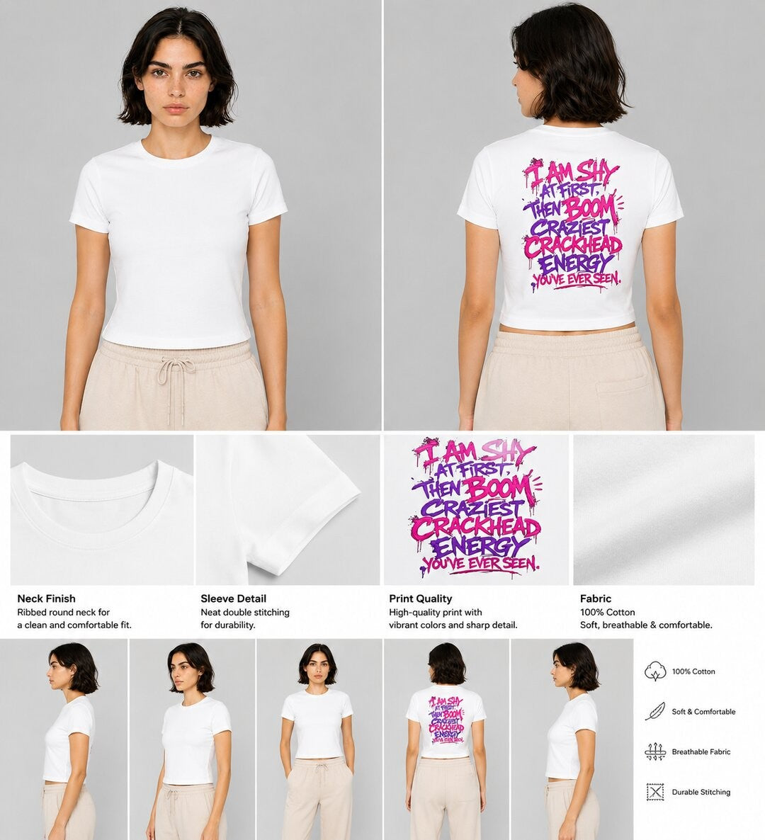 Shy & Bold Printed Round Neck Crop Pre-customized Tshirt for Women