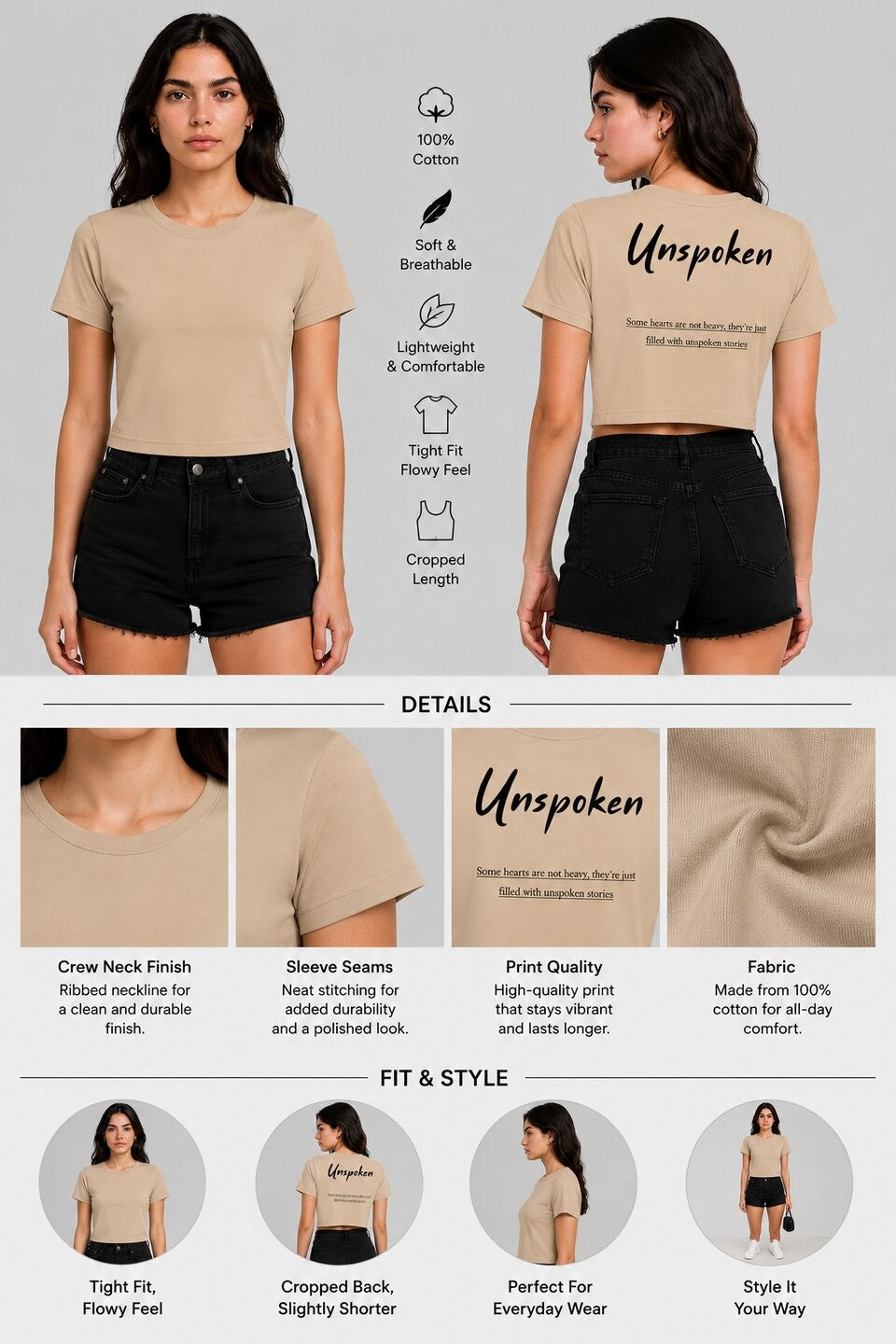 Unspoken Printed Round Neck Crop Pre-customized Tshirt for Women