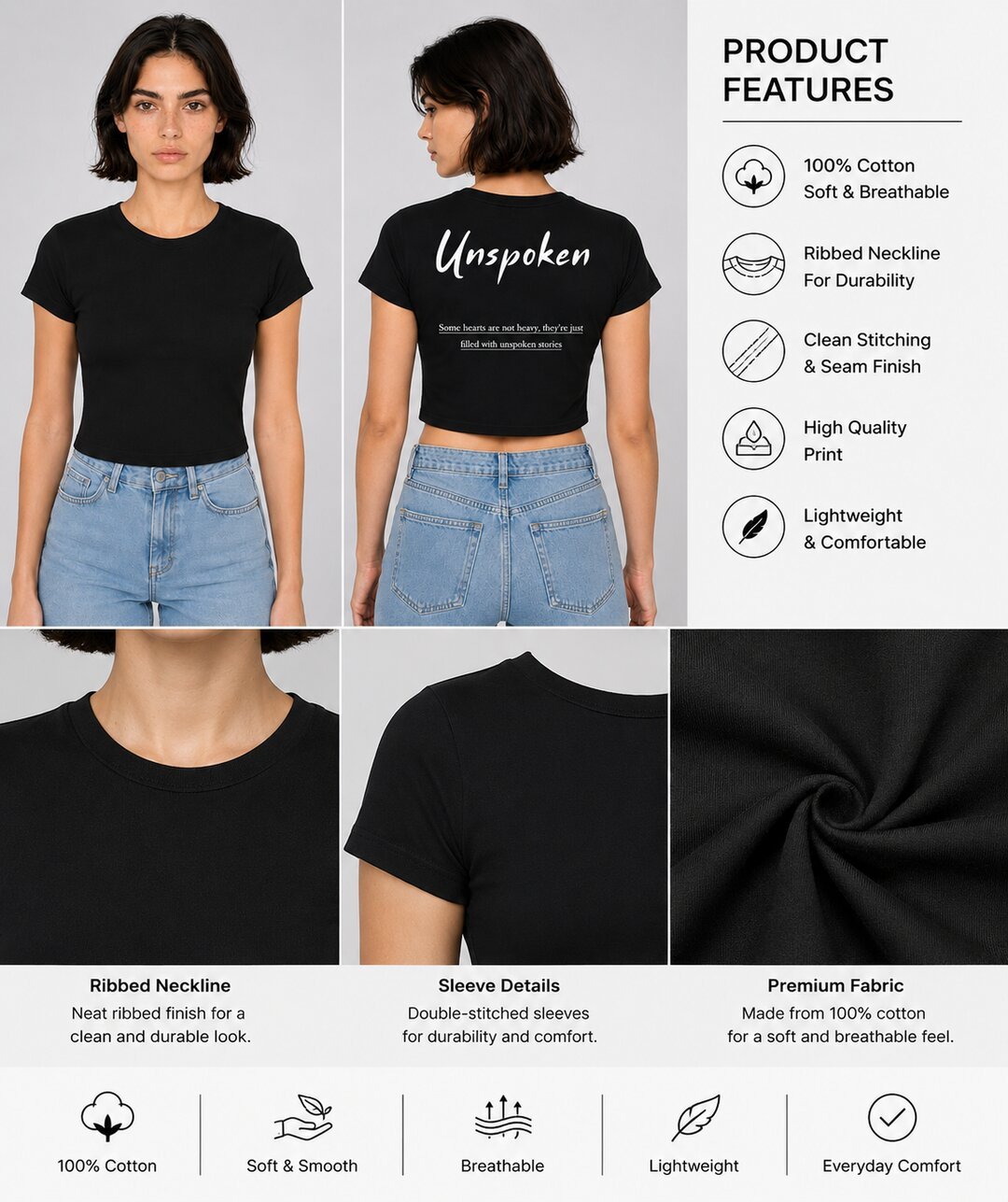 Unspoken Printed Round Neck Crop Pre-customized Tshirt for Women