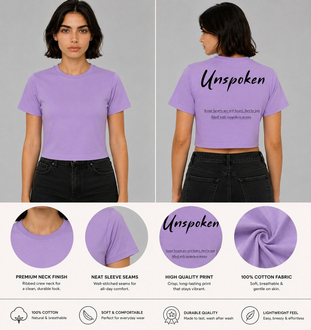 Unspoken Printed Round Neck Crop Pre-customized Tshirt for Women