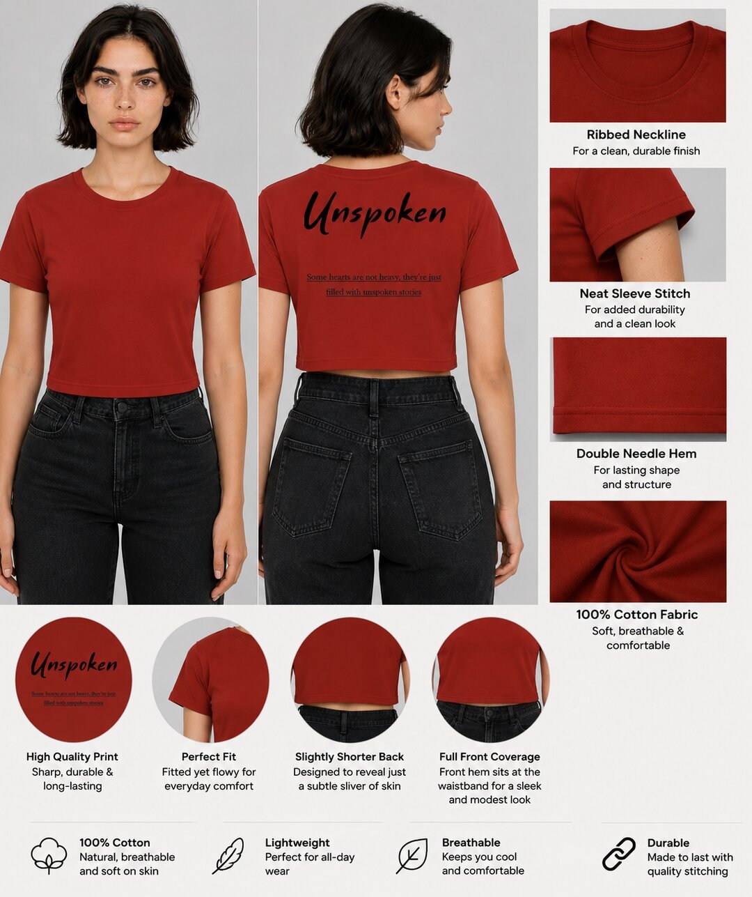 Unspoken Printed Round Neck Crop Pre-customized Tshirt for Women