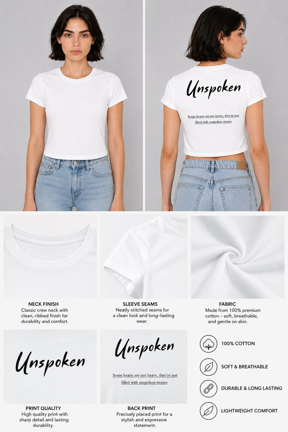 Unspoken Printed Round Neck Crop Pre-customized Tshirt for Women