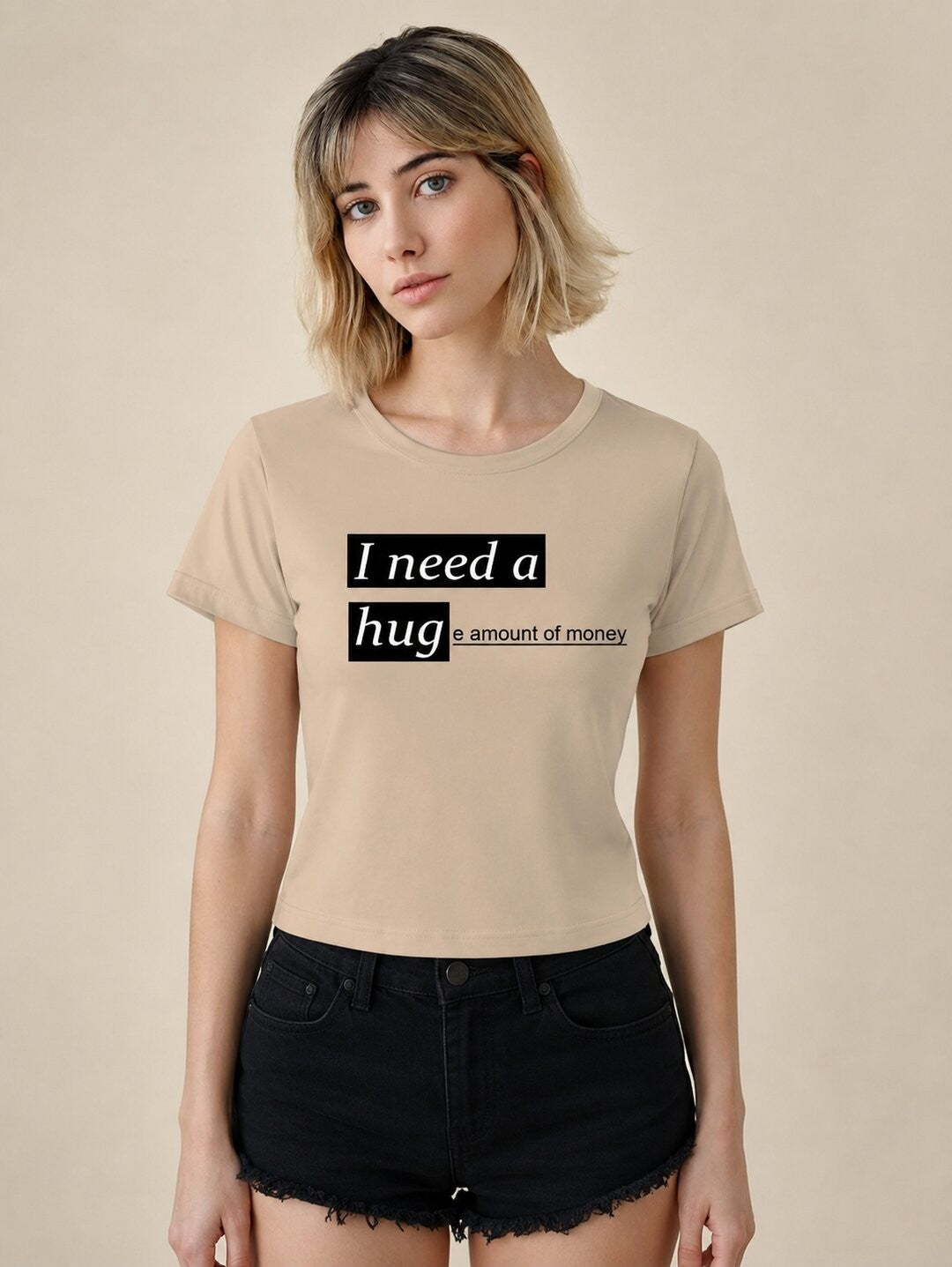 Money Printed Round Neck Crop Pre-customized Tshirt for Women