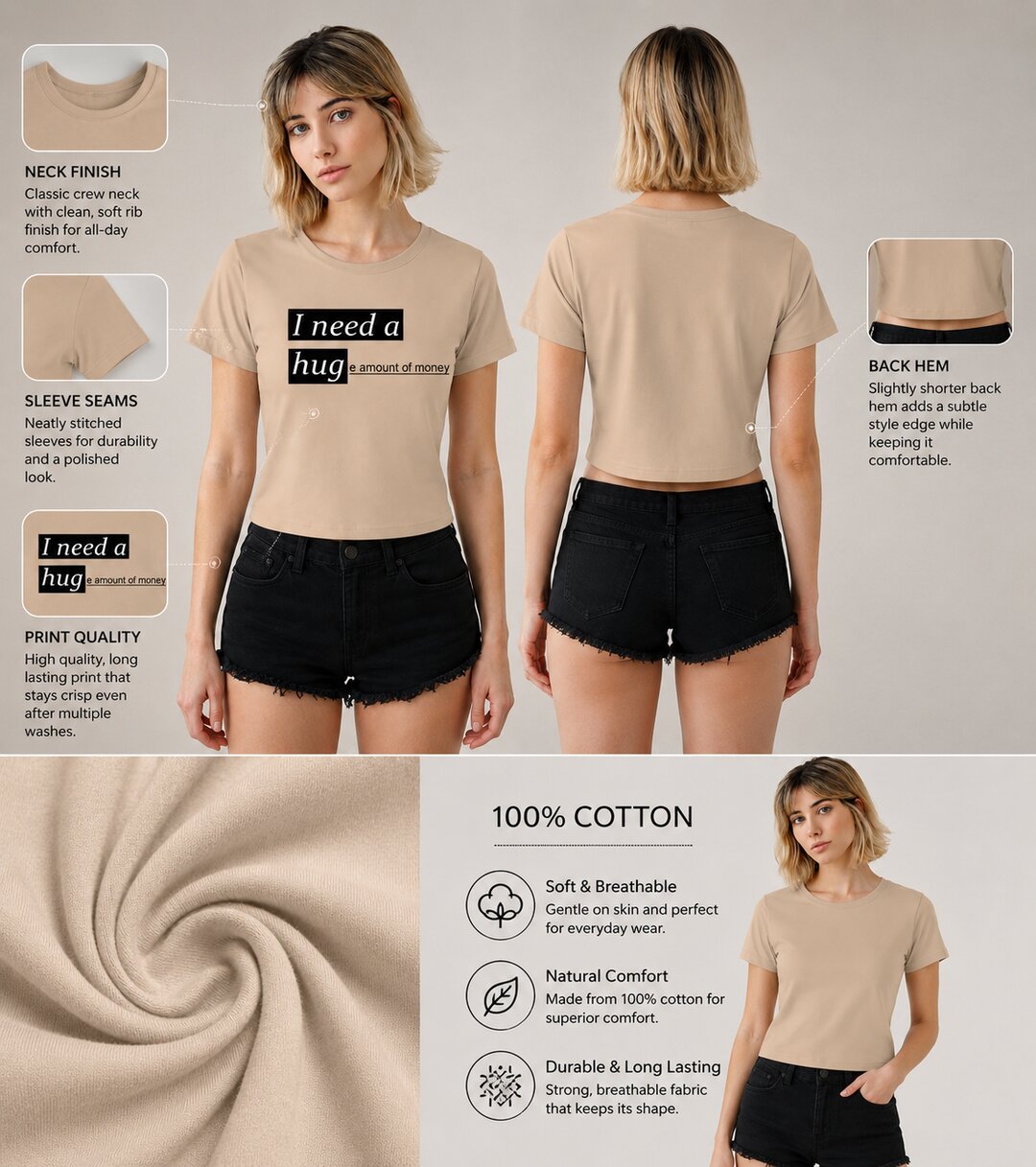 Money Printed Round Neck Crop Pre-customized Tshirt for Women