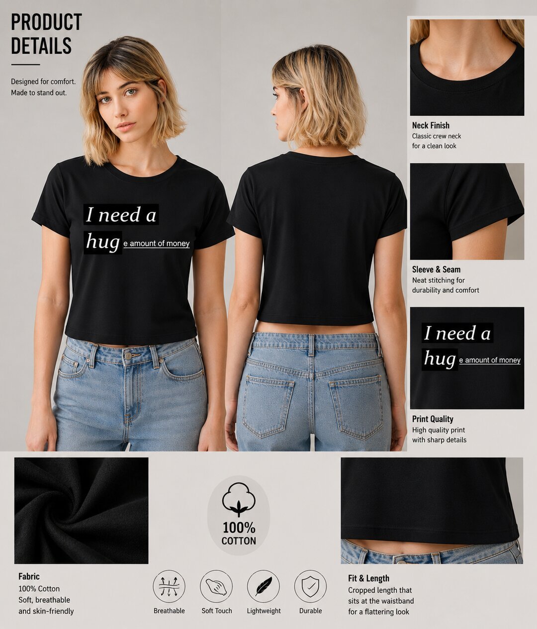 Money Printed Round Neck Crop Pre-customized Tshirt for Women