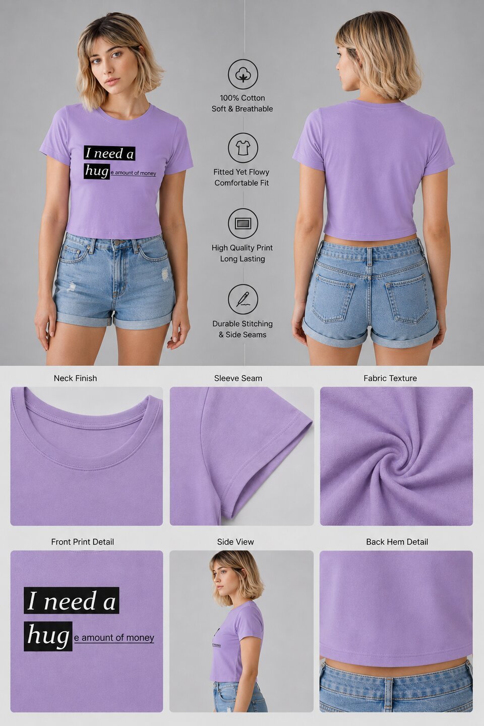 Money Printed Round Neck Crop Pre-customized Tshirt for Women