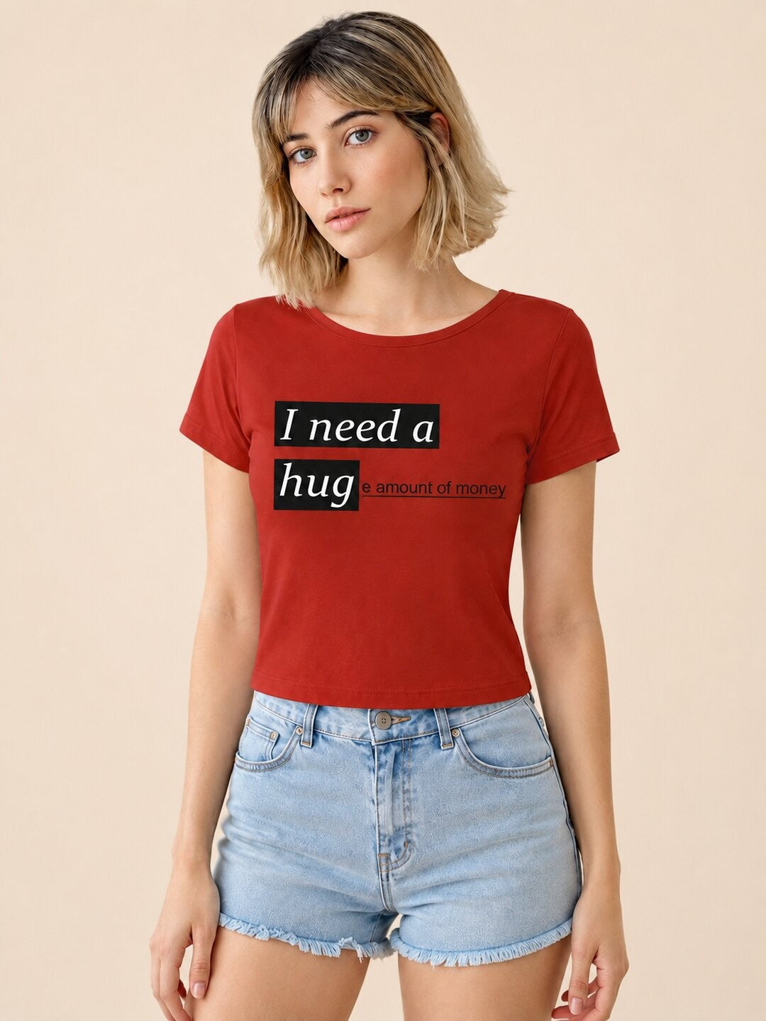 Money Printed Round Neck Crop Pre-customized Tshirt for Women