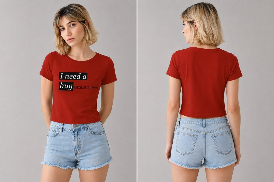 Money Printed Round Neck Crop Pre-customized Tshirt for Women