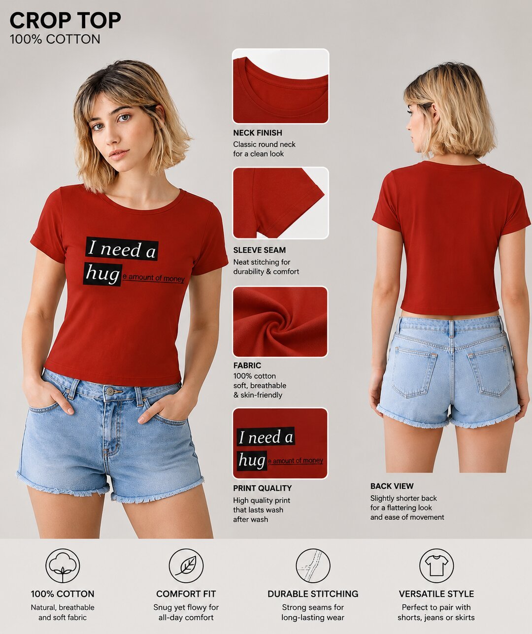 Money Printed Round Neck Crop Pre-customized Tshirt for Women