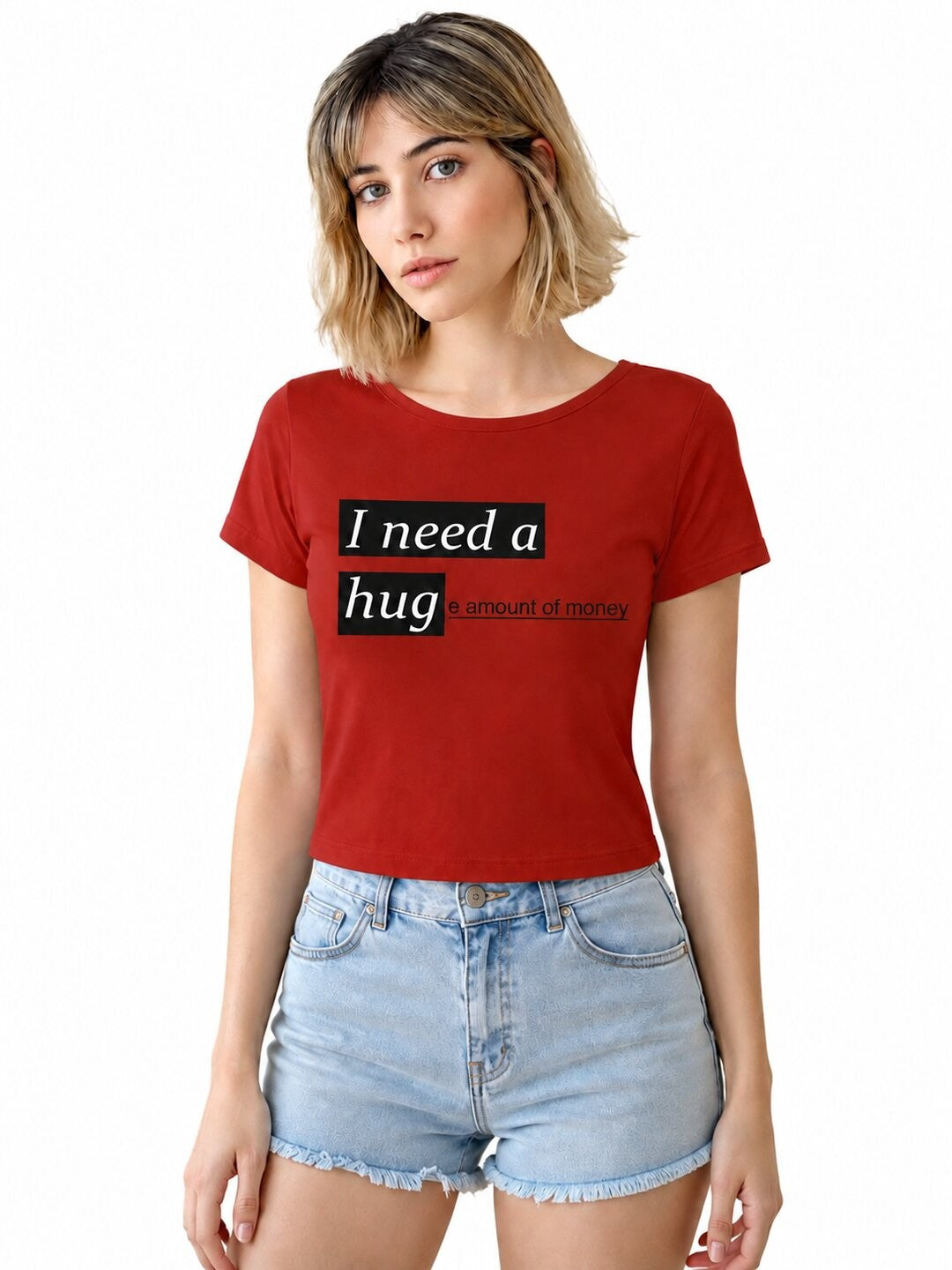 Money Printed Round Neck Crop Pre-customized Tshirt for Women