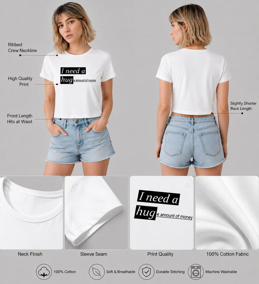 Money Printed Round Neck Crop Pre-customized Tshirt for Women