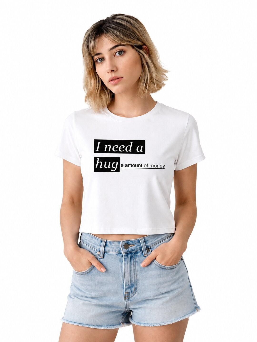 Money Printed Round Neck Crop Pre-customized Tshirt for Women