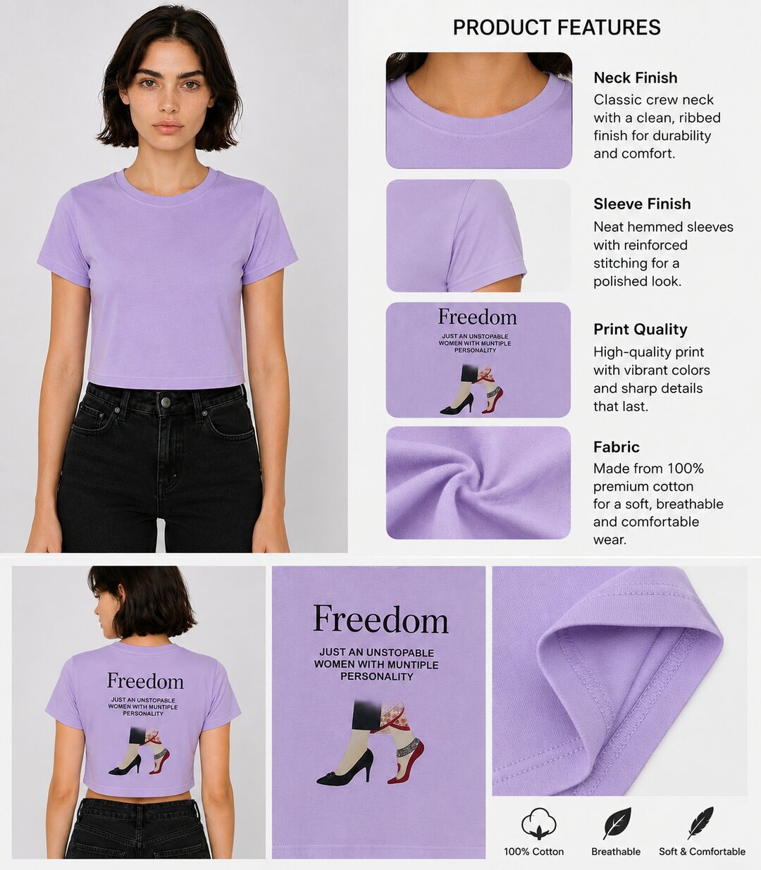Freedom Printed Round Neck Crop Pre-customized Tshirt for Women