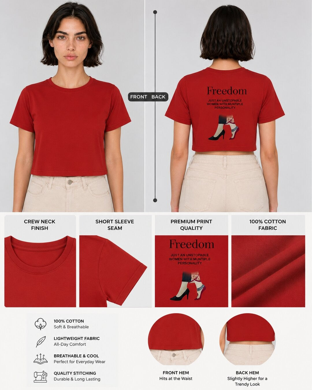 Freedom Printed Round Neck Crop Pre-customized Tshirt for Women