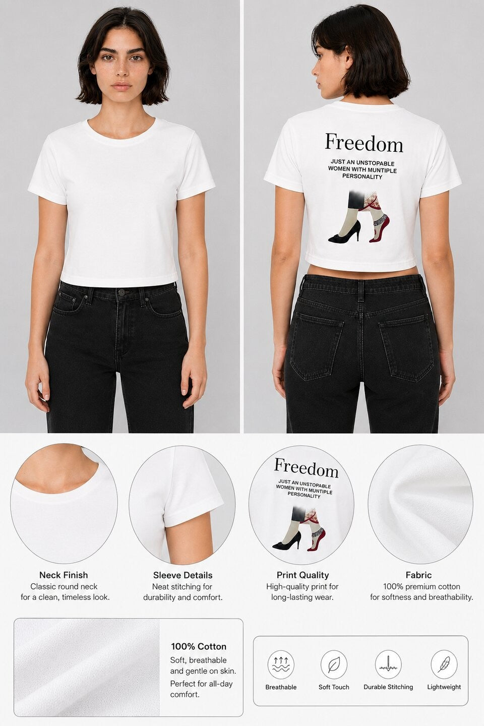 Freedom Printed Round Neck Crop Pre-customized Tshirt for Women