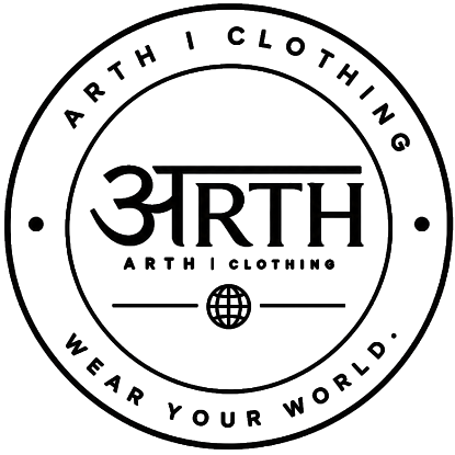 A circular black logo on a white background reading 'ARTH CLOTHING' around the border, with 'ARTH' in the center and 'WEAR YOUR WORLD.' along the bottom.